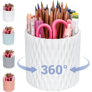 Pen Holder - 360 Rotating, 5 Slot Pen Holder For Desk. Pencil Holder For Office,School,Dorm Room&Vanity, Desk Accessories(White)