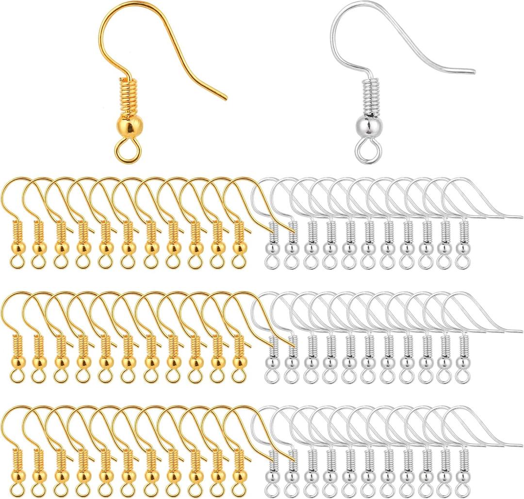 Bylion 400 Pieces Stainless Steel Earring Hooks, Fish Hooks Ear Wires French Wire Hooks, Coil and Ball Style Nickel-Free Ear Wires for Jewelry Making, Colors with Silver and Gold