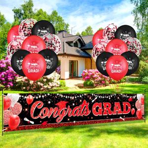 Graduation Party Decorations Red Black Graduation Banner Balloons Set Congrats Grad Yard Banner with 18pcs Balloons for Class of 2025 Party Sign Decor College High School Prom Party Supplies Outdoor