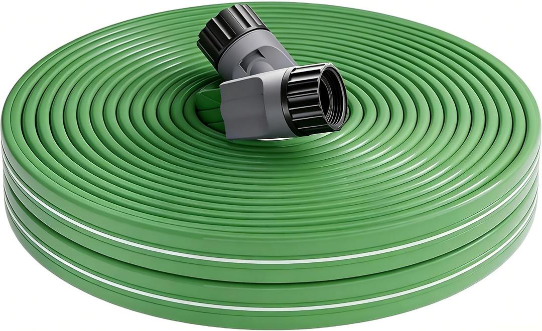 75 FT Water Saving Flat Soaker Hose with 20 Stakes for Garden Lawn - Durable Irrigation Tubing with Multi Directional Sprinkler Spray Up to 8 FT Range