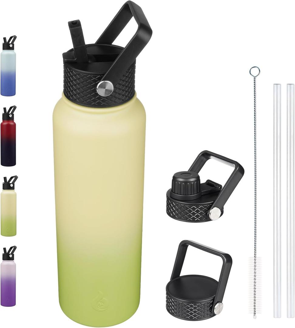 BJPKPK Insulated Water Bottles with Straw Lid, 40oz Cold & Hot Thermos, Stainless Steel Metal Water Bottle with 3 Lids, Reusable Thermos, Cups, Mugs, Tumblers -Avocado