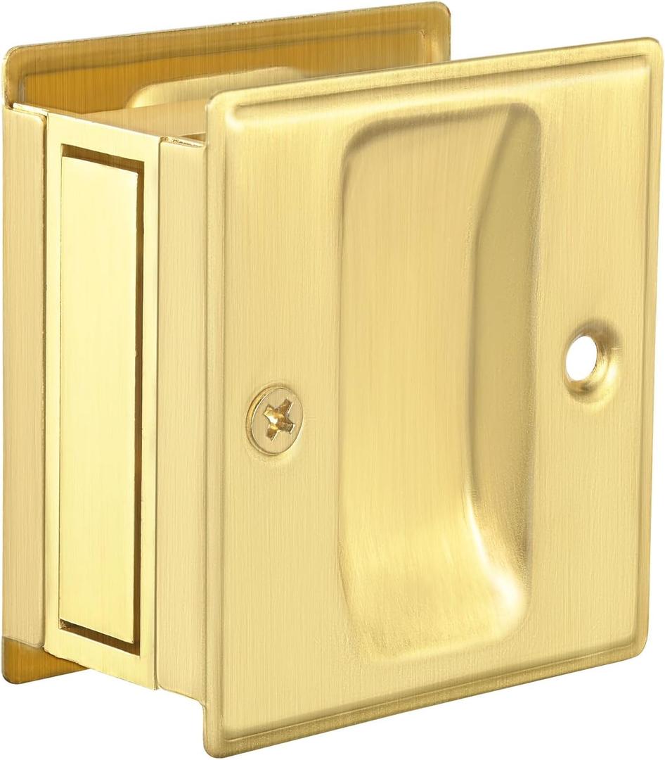 HOMOTEK Privacy Pocket Door Pull Without Switch Plate - Replace Old Or Damaged Passage Sliding Hardware No Lock Quickly and Easily, 2-3/4x2-1/2, for 1-3/8 Thickness Door, Brushed Brass