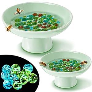 2 Pcs Bee Watering Station Ceramic Bowl With 140 Glass Marbles - Garden Decorative Water Cups for Home Yard Feeding Bees Butterflies - Beekeeping Equipment