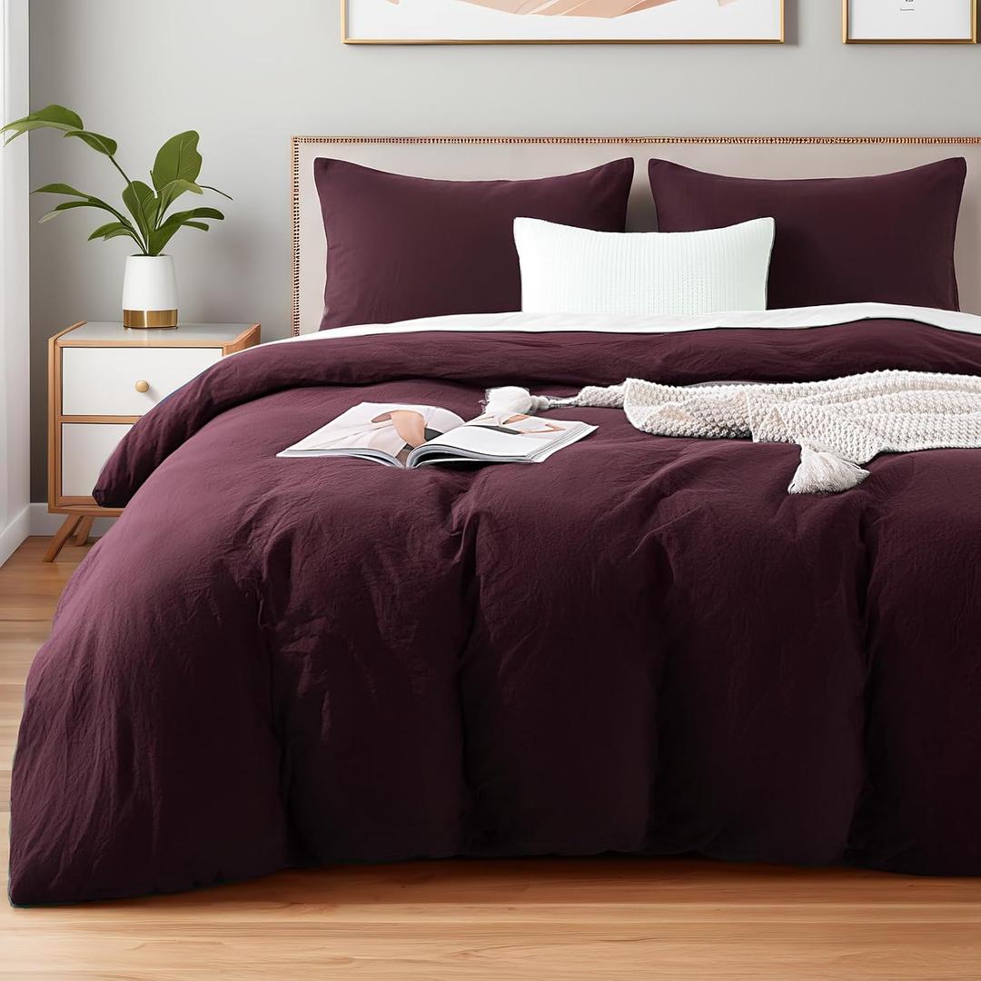NEXHOME PRO Duvet Cover Set 100% Washed Cotton Full Size Linen Feel Textured Organic Natural 3 Pieces Bedding Set with Zipper Closure and Corner Ties, Breathable and Soft (Burgundy Red, No Comforter)