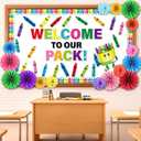Back to School Bulletin Board Set Colorful Crayon Cutouts Name Tags Label Paper Flower Fan Classroom Decorations First Day of School Bulletin Board for Teacher Supplies Chalkboard Wall Classroom Decor