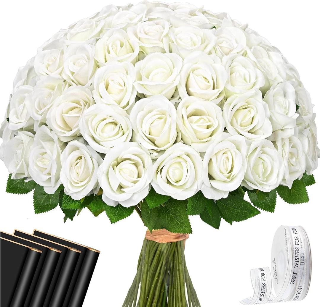 Waipfaru 50 Pcs White Roses Artificial Flowers Bulk, Real Touch Velvet Roses with Wrapping Paper, Fake Flowers for Wedding Centerpieces Bridal Bouquet Valentines Mothers Day Decor
