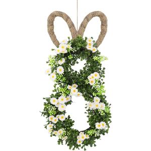 20 Inch Easter Bunny Wreaths, Rattan Easter Bunny Door Wreath Bunny Shaped Spring Wreath with Greenery White Daisies for Front Door Wall Window Decor (Daisy Flowers)