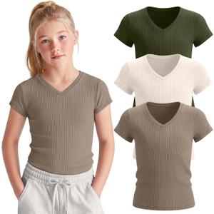 3 Pack Girls Cap Sleeve Shirts Kids V Neck Ribbed Knit Tunic Tops Slim Fit Casual Cute Basic Summer Solid Tee Shirt