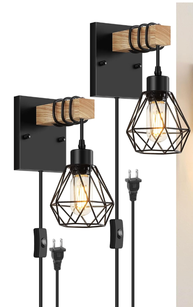 Lomoky Plug in Wall Sconces Set of Two, Vintage Wood Wall Lamps with Plug in Cord, Farmhouse Wall Light Fixture with 5.25FT On/Off Switch Cord, Indoor Sconces Lighting for Bedroom Living Room (Black)