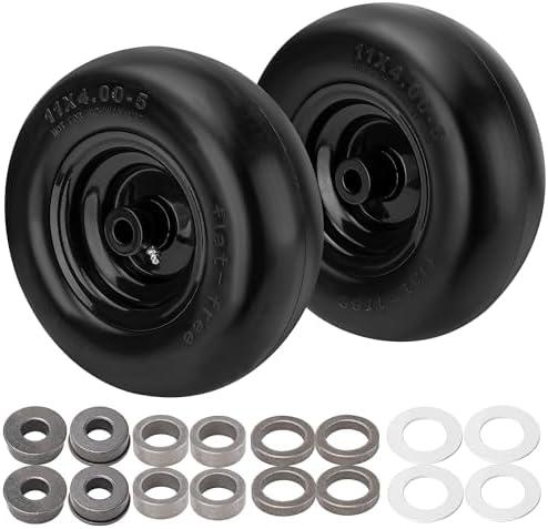 11x4.00-5" Flat Free Lawn Mower Tire on Wheel, Universal Fit 11x4.00-5 Smooth Tread Tire for Zero Turn Lawn Mowers - with 3/4" Bushings and 3.4"-5" Centered Hub - Contain Adapter Kit | Black-2Pcs