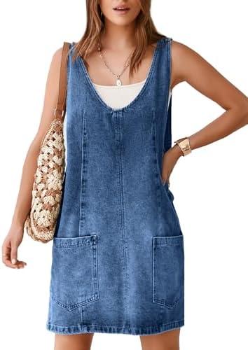 BerryGo Women's Denim V Neck Sleeveless Overall Dress Casual Mini Pinafore Dress Short Jumper Jeans Dress with Pocket XL
