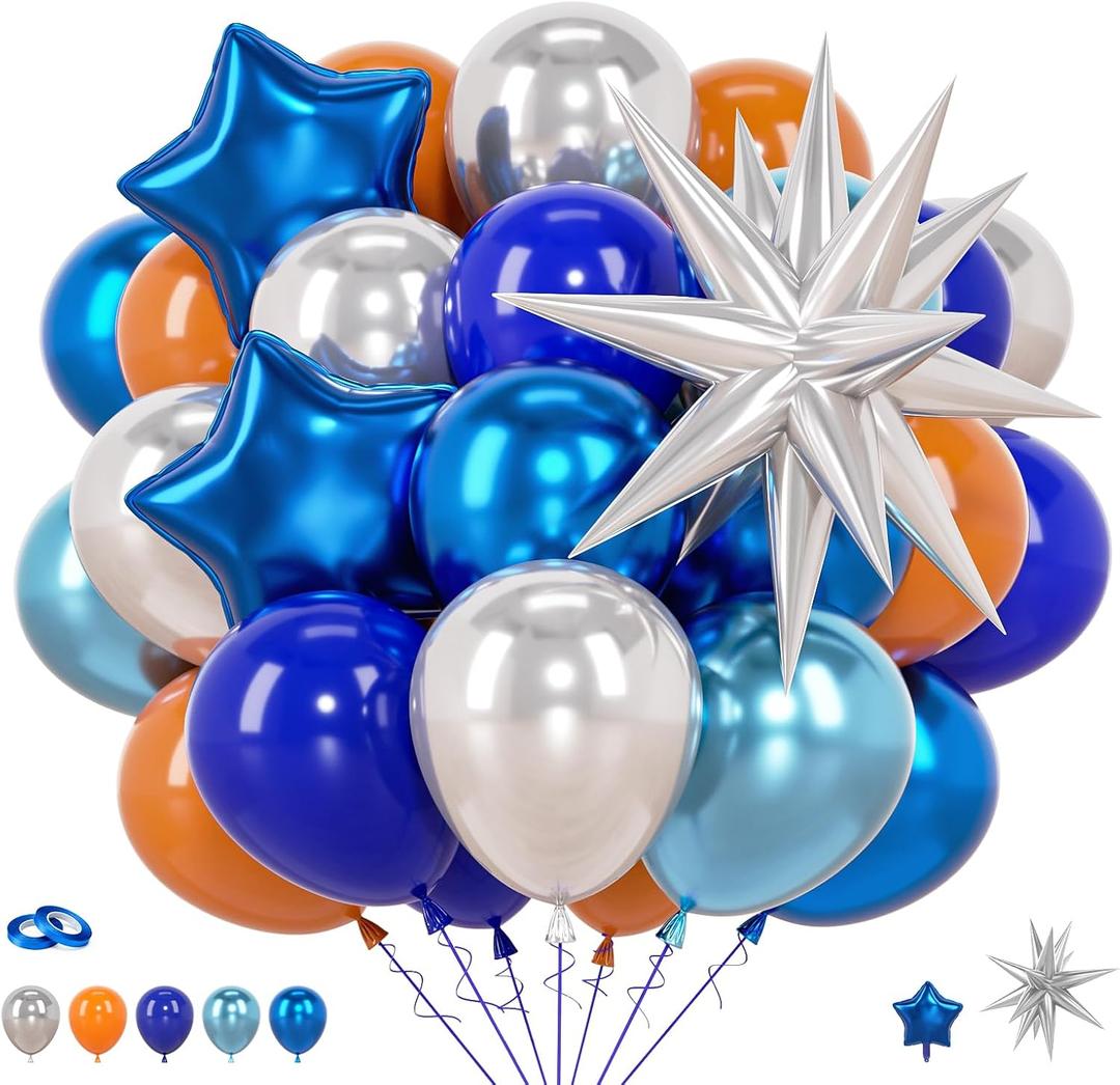 Space Balloons Navy Blue Orange Metallic Silver Star Foil Balloons 12 Inch 52pcs Astronaut Themed Decorations for Boys Baby Shower Birthday Party Decor Backdrop Supplies, 1x2x3 inches