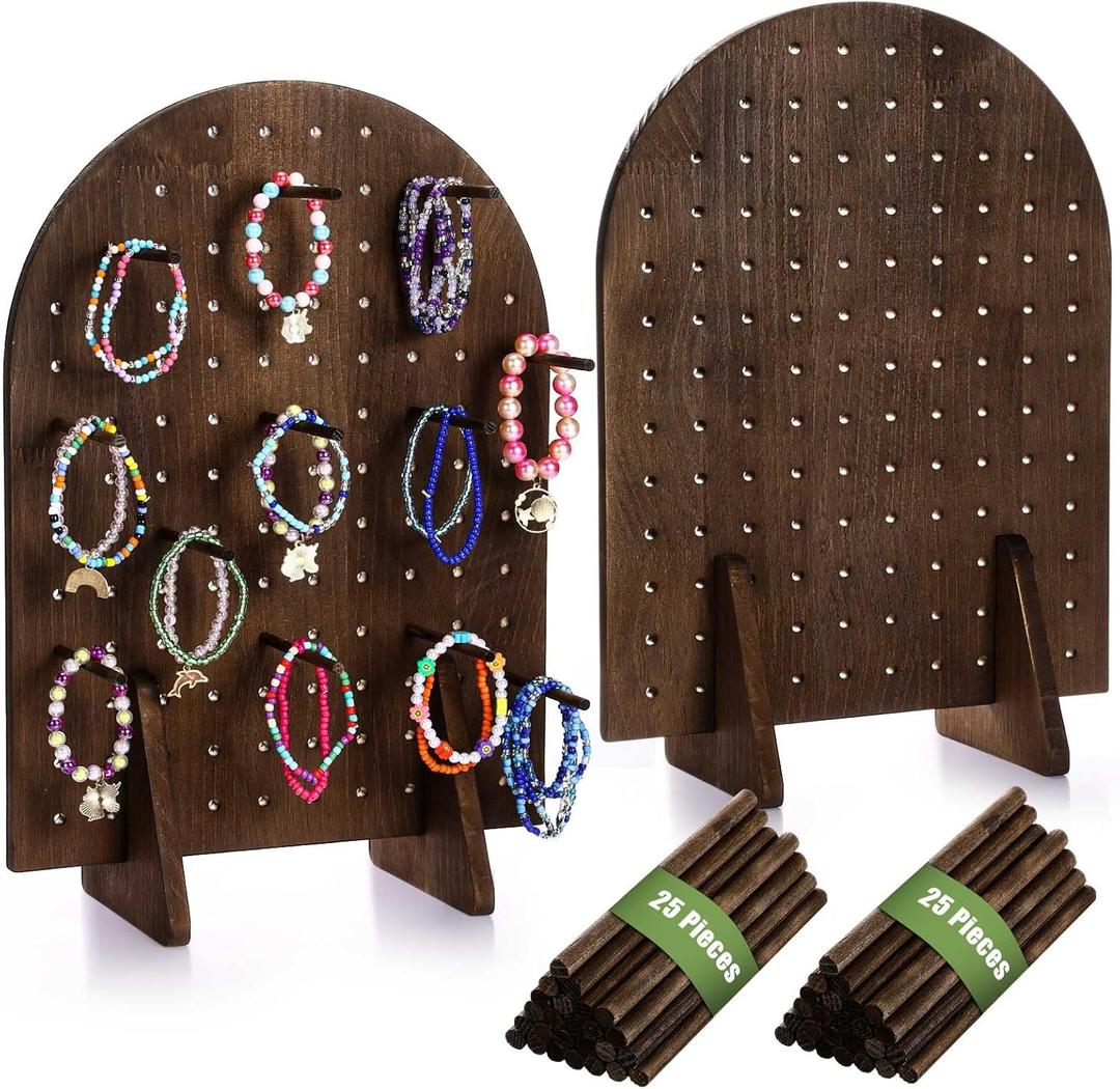 2 Sets Keychain Display Stand Wooden Pegboard Display Stand with 25 Pcs Dowel Rods Oval Bracelet Organizer Holder for Jewelry, Craft Shows, Necklace, Selling, 15.75" x 11.81" (Dark Brown)