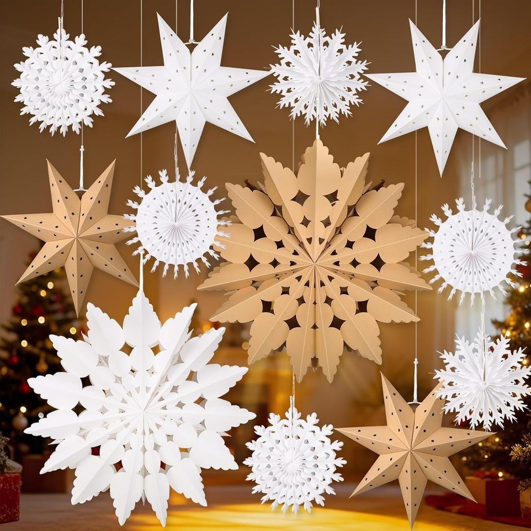 Glooglitter 12 Pcs Paper Star Lantern 3D Christmas Paper Snowflake Lanterns White Hanging Lamp Ornaments for Xmas Tree New Year Holiday Party Decorations(White, Kraft)