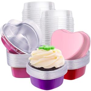 60 Pcs Heart Shaped Cake Pans with Lids, Aluminum Mini Cake Pans, 3.4 Oz/ 100ml Foil Disposable Flan Pan Cupcake Tins Baking Pan for Valentine's Mother's Day Party (Red, Pink, Purple, Rose Red, 60)