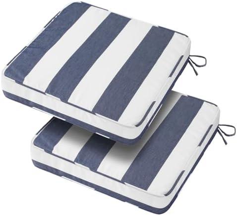 BLSTISCEN 18"x18"x3" Outdoor Square Corner Chair Cushions with Ties Set of 2, Water&Fade Resistant Thick Seat Cushion Pads for Garden Patio Dining Porch Furniture - Navy White Striped