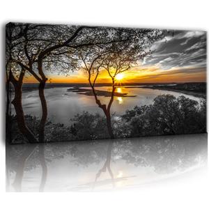 Bamdeya Black and White Canvas Wall Art Bedroom large Lake Tree Print Art Forest Gold Sunset Poster Picture Natural Scenery Wall Decor Living Room Landscape Painting Office Home Decorations Framed