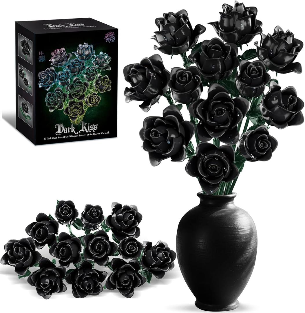 Black Roses Bouquet Building Set, 12 Artificial Flowers Botanical Collection Gothic Home Decor, Compatible with Lego, Unique Halloween Valentine's Gifts for Adults Women Girls 14+ (585 PCS) No Vase