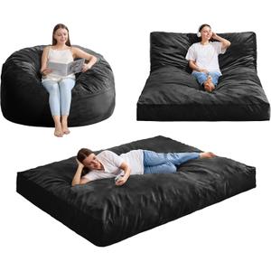 Hobestluk Giant Bean Bag Chair Bed for Adults, Large Bean Bags with High-Density Foam Filling, Convertible Big Sofa Bed Couch for Living Room, Bedroom, Playroom (Black, Full)