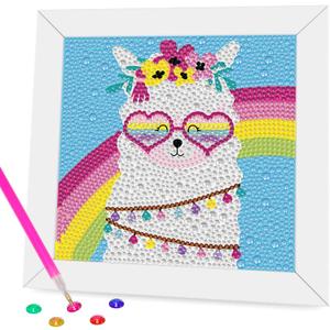CHWGLFGG Diamond Art Kits for Kids with Wooden Frame, Alpaca Diamond Painting Kits for Beginners, DIY Big Gem Paintings Kits Animal Diamond Dots for Kids Ages 8-12, Home Wall Decor 7x7 Inch
