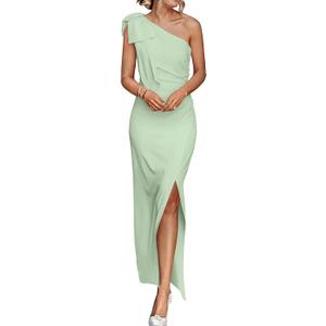PRETTYGARDEN Women's Summer One Shoulder Long Formal Dresses Sleeveless Ruched Bodycon Wedding Guest Slit Maxi Dress (Green, S)