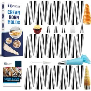 Tuauoe Cream Horn Molds for Baking, 38pcs Horn Forms Set, Non-stick Stainless Steel 30pcs Cone Shaped with Cleaning Brush, Piping Tip, Piping Bag, for ice Cream Cones, Puff Pastry, Baking Cones