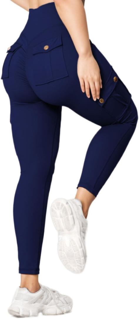 Butt Lifting Leggings with Flap Pockets for Women Stretch Cargo Leggings High Waist Tummy Control Workout Running Pants (Medium, Navy)