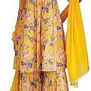 Janasya Indian Women's Georgette Yellow Floral Print Festive Wear Kurta Set for Women, Large