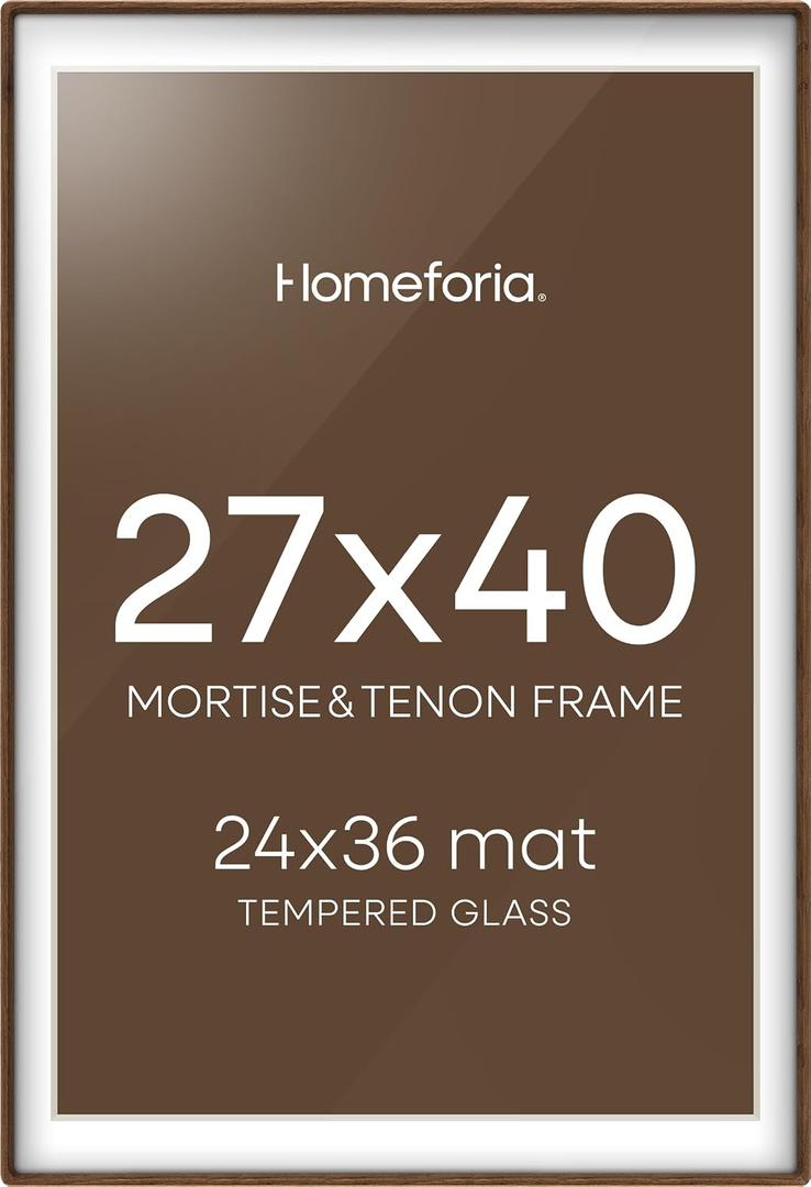 Homeforia 27x40 inch Poster Frame Brown, Mortise & Tenon Walnut 27 x 40 Wooden Picture Frames with Mat 24 x 36 for Wall, 40x27 Dark Wood Frame Matted to 24x36 Photo, Tempered Glass, Wall Kit, Set of 1