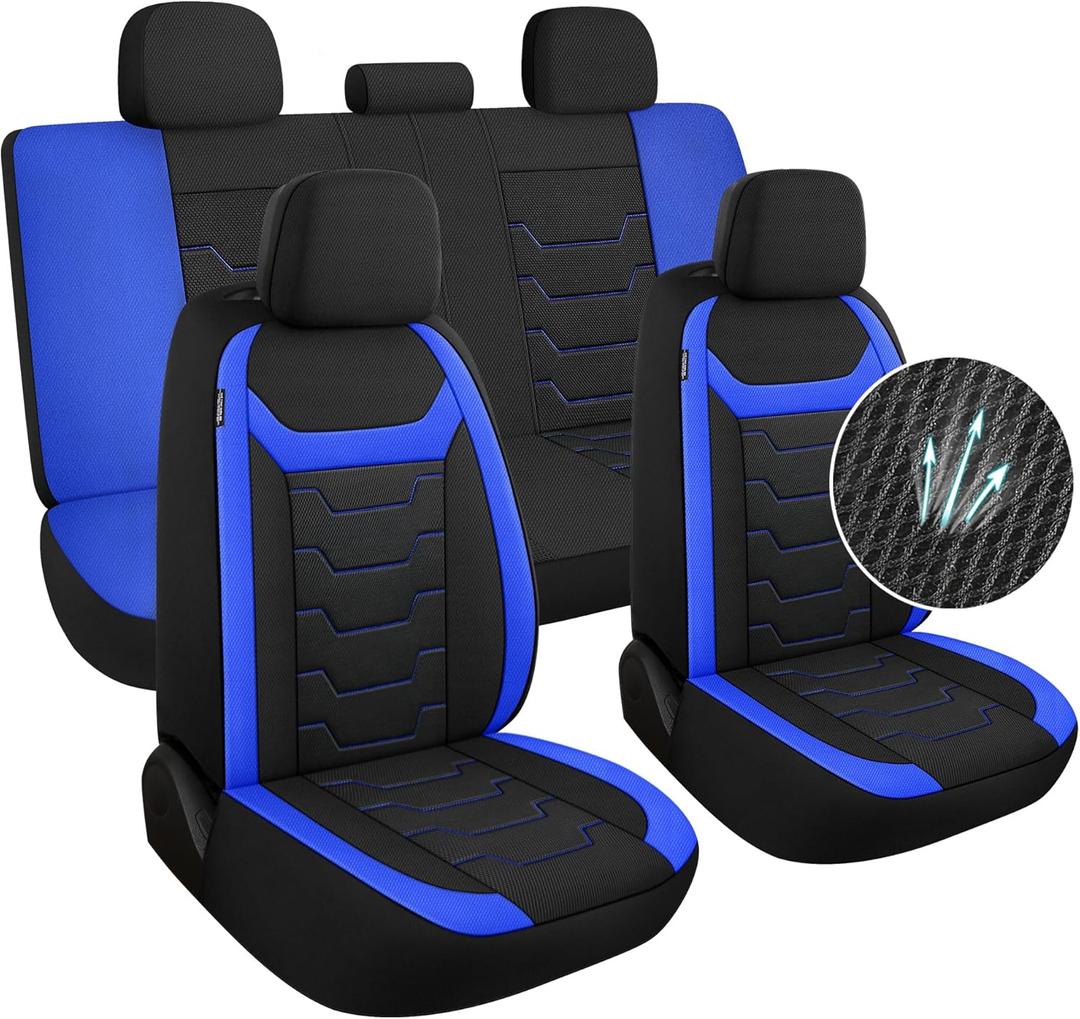 3D Air-Mesh Car Seat Covers Full Set, Breathable and Split Bench Compatible Seat Covers for Cars, Universal Car Interior Covers for Most Cars Sedan Truck SUV(Black/Blue)