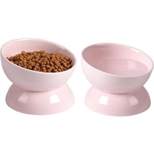 Cat Water Bowl, 16 OZ Ceramic Elevated Cat Bowls, 15 Tilted and Raised Pet Food Dish, Anti Vomiting Protect Pets' Spines and Whisker Fatigue (2 Pack, Pink)