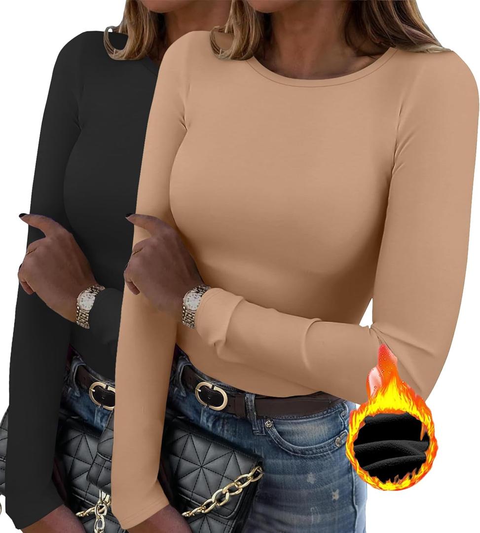 Zeagoo Women's Basic Long Sleeve Shirts Stretch Crewneck T-Shirt Slim Fit Tops Winter Warm Undershirts, L