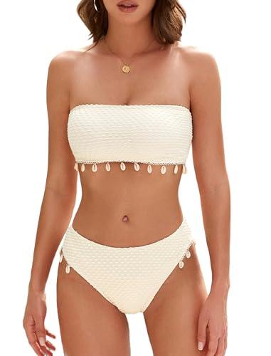 ZAFUL Women Strapless Bandeau Bikini Shell 2 Piece Swimwear Cheeky Solid Lace up Pom Bathing Suits(0-Beige,Size 6)