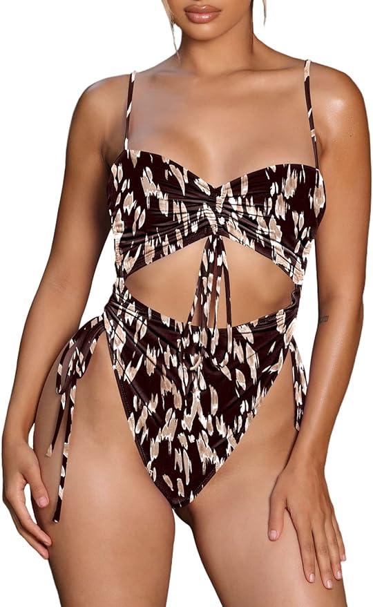 Viottiset Women's Cut Out Drawstring One Piece Swimsuit Cheeky High Cut Bathing Suit, L