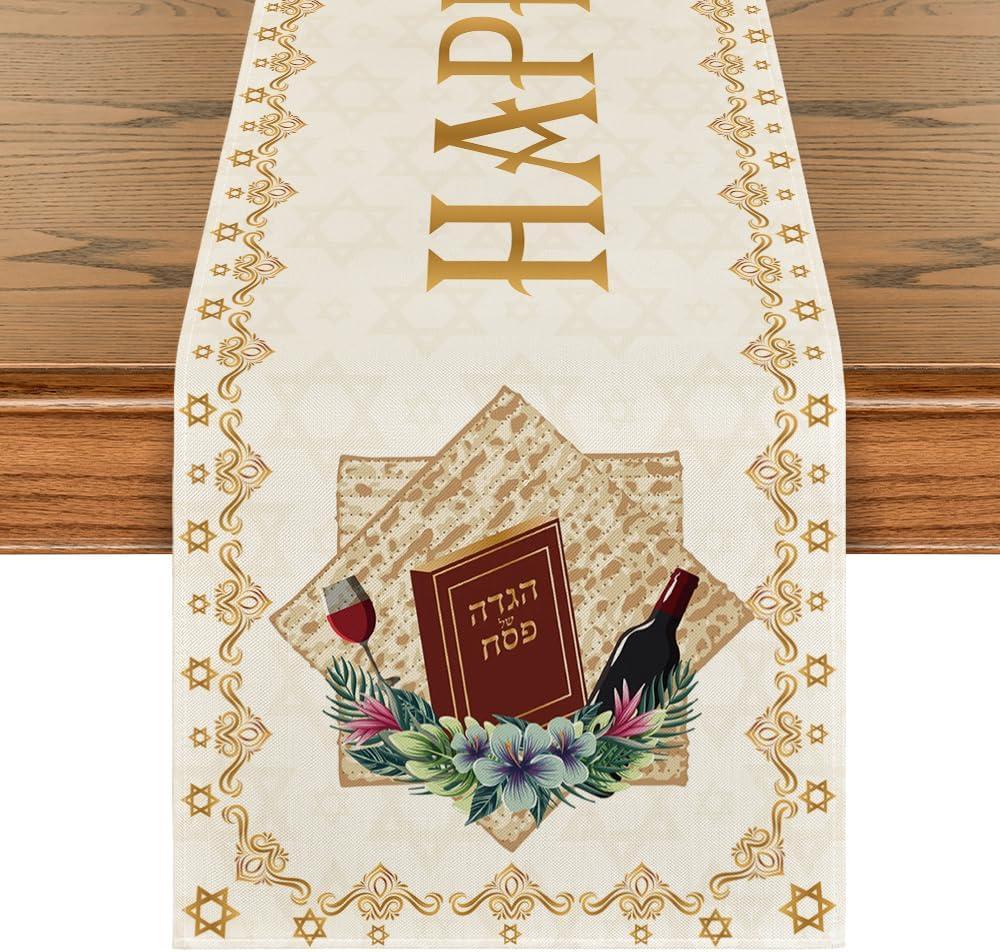 Artoid Mode Beige Pesach Star of David Happy Passover Table Runner, Seasonal Book Kitchen Dining Table Decoration for Home Party Decor 13x72 Inch