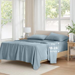 Comfort Spaces Extra Deep Pocket Sheets, 100% Cotton Sheets Queen Fits up to 24" Mattress, Breathable, Naturally Cool Cotton Sheets, Soft Cotton Sheets, All Seasons Sheet Set, Blue 4 Piece