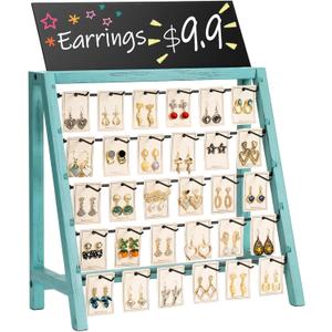 Jewelry Display for Vendors, 30 Hooks Wood Earring Display for Vendors Selling Bracelet Earring Holder with Adversitsing Board, Large Capacity Earring Display Stands Rack for Earring Cards (Weathered Teal)