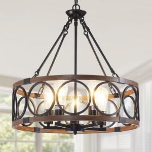 21" Dining Room Light Fixture/Chandelier Over Table, 5-Light Black & Wood Grain Farmhouse Chandeliers for Dining Room, Industrial Metal Hanging Pendant Lights Fixture for Kitchen Island Foyer Entryway