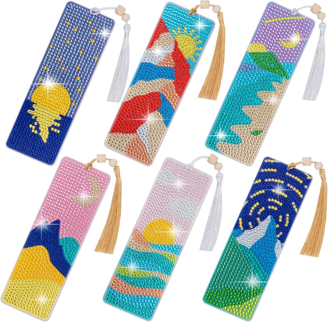 SWATOM 6 Pcs 5D Diamond Painting Bookmarks Sun & Moon Nature Acrylic Diamond Art Bookmark with DIY Painting Kits Tassels & Wood Beads Pendant Rhinestone Bookmarks