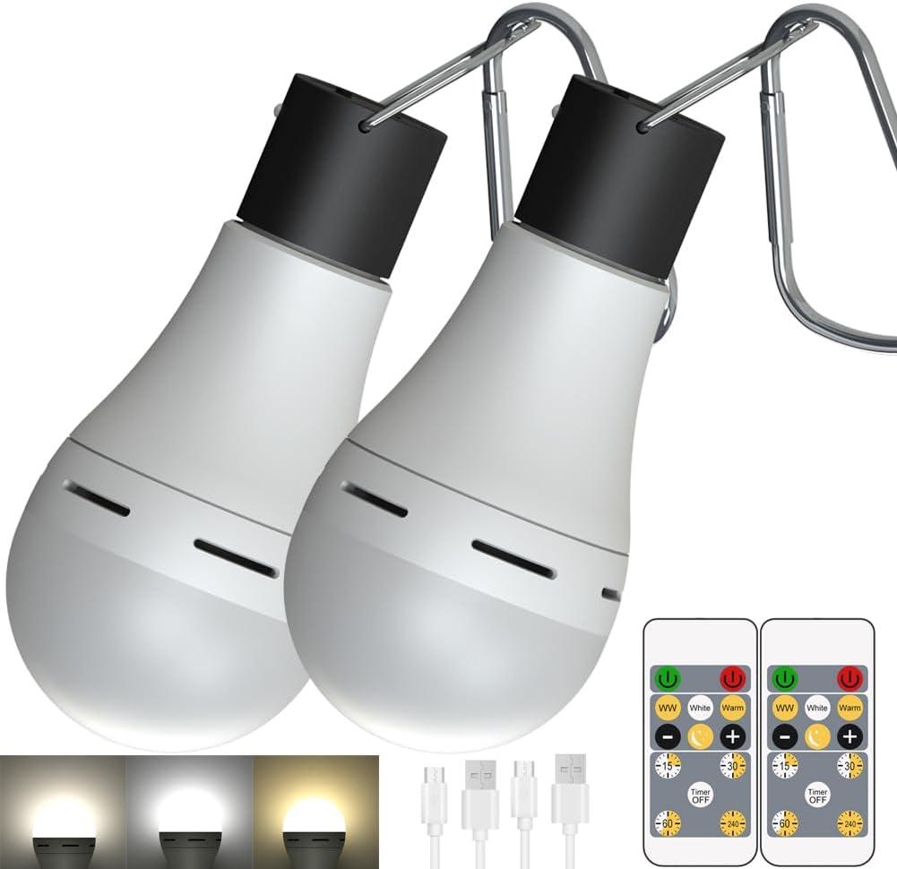 USB Rechargeable Light Bulbs with Remote and Timer, 3CCT 3000K-6000K, 10 Level Brightness, 2 Pack Rechargeable Battery Light Bulbs for Home Emergency Camping Hiking