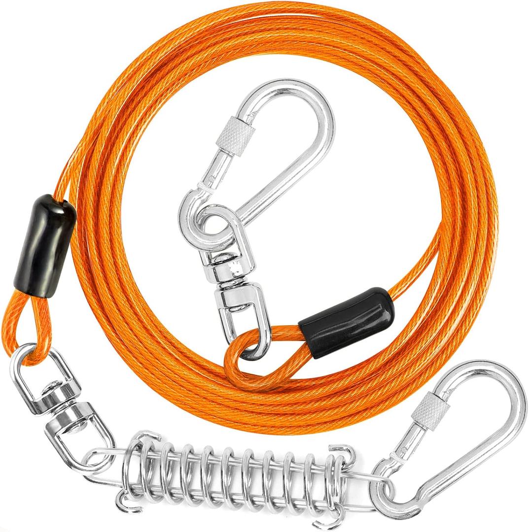 jenico Dog Tie Out Cable, 10/15/20/30/40/50/70/100/150FT Runner Cable with Swivel Hook and Shock Spring, Dog Leash Run Tether for Yard Outdoor and Camping,for Small to Medium Pets Up to 500 LBS (Orange)