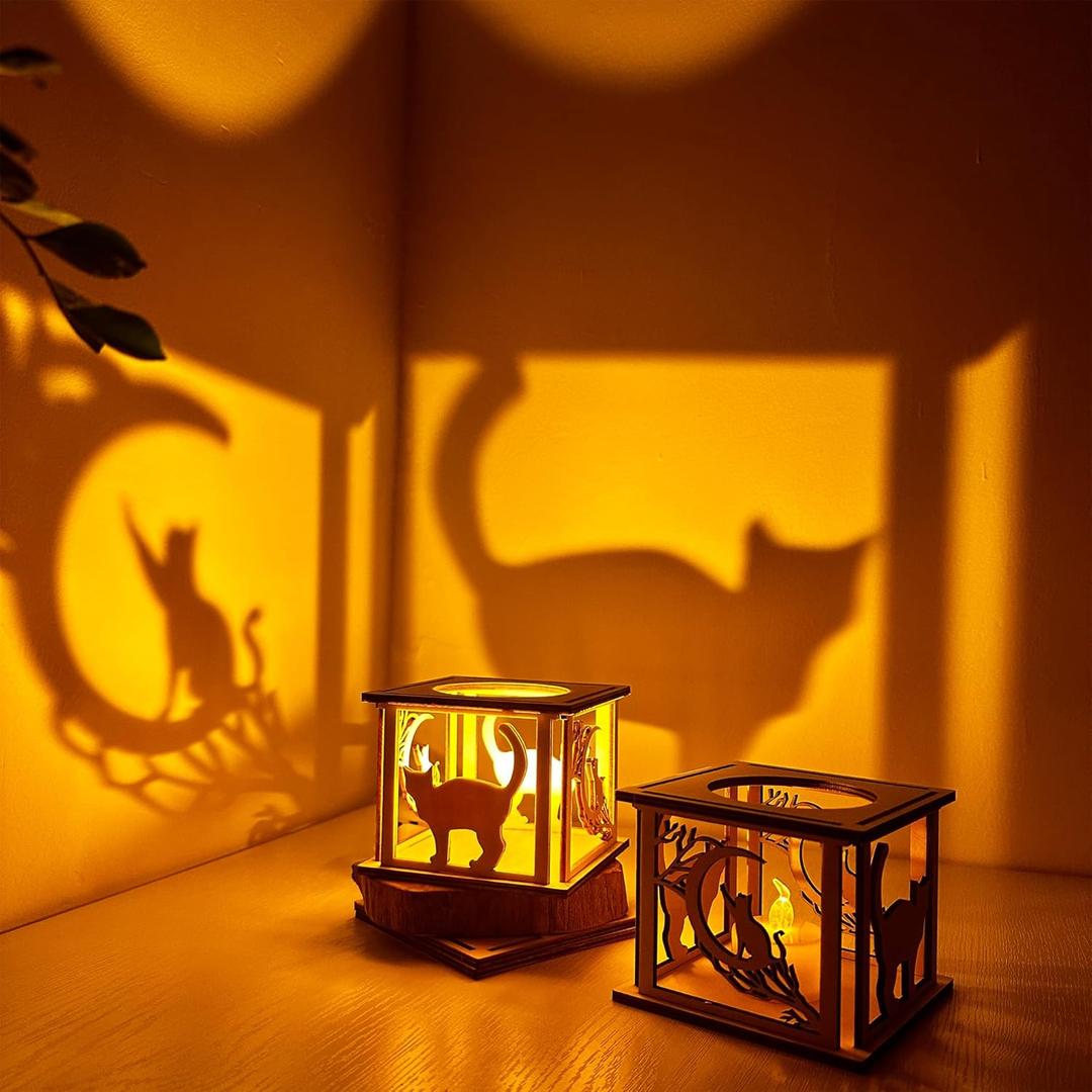 Small Wooden Cat On Moon Candle Holders Rustic Ramadan Lantern Decorative Lights Indoor for Farmhouse Kitchen Table Decor Home Room Bedroom House Birthday Party Decorations
