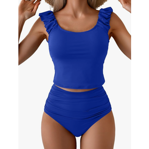 Eomenie Tankini Swimsuits for Women Ruched Tummy Control Bathing Suits Two Piece Swim Tank Top with High Waisted Bottom, L, Royal Blue
