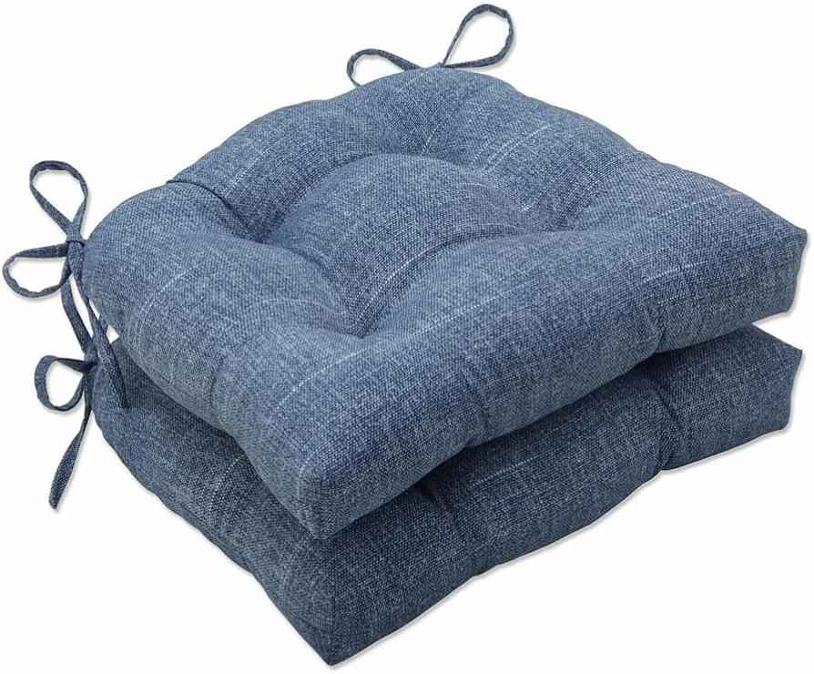 Pillow Perfect Tory Solid Indoor/Outdoor Reversible Patio Chairpad with Ties Weather and Fade Resistant, 17" x 17.5", Blue, 2 Count