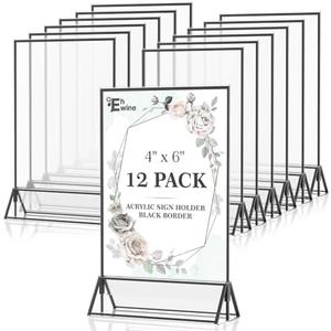 EHWINE 12 Pack Acrylic Sign Holder 4 x 6, Double Sided Black Picture Frame Stand up Table Top Sign Holders, Clear Display Stand Menu Flyer Holder for Wedding Party(Provide Non-slip Mats)