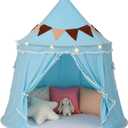 Play Tent with Padded Mat, Star Lights and Flags, Large Playhouse Kids Castle Tents, Indoor Outdoor Game Tent, Portable Children Yurt Tents, Gift for Boys & Girls, 47''x45'', Blue