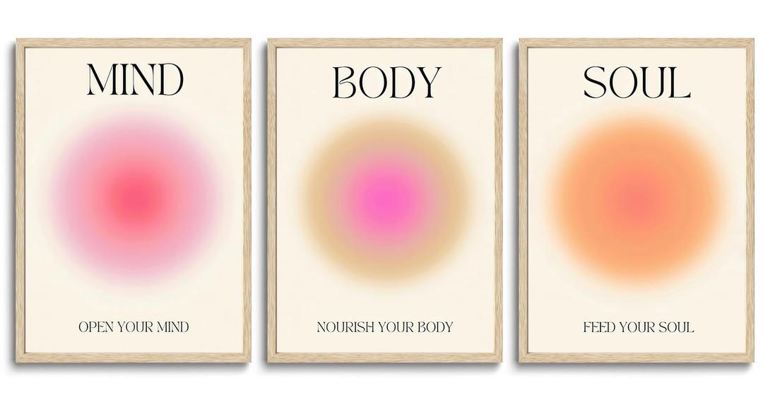 KISSFOX 3 Piece OAK Wood Framed Wall Art Beige Pink Orange Wall Decor Aura Canvas Art Mind Body Soul Pictures Trendy Aesthetic Preppy Paintings For Apartment Dorm Women Girls Bedroom, 12x16 In Canvas
