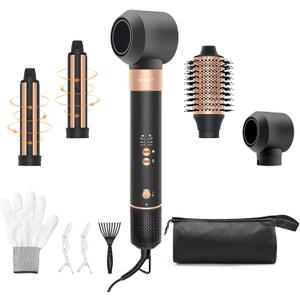Hair Styler Hair Dryer Brush - 110,000 RPM High-Speed Hot Air Styler,Multi Stylers with Auto-Wrap Curler, Professional Blow Dryer Brush for Fast Curling Volumizing Straightening Styling(Black-Golden)