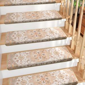 Bullnose Non-Slip Stair Treads for Wooden Steps, Carpet Stair Treads for Indoor Runner, Pet Friendly Soft Stair Rugs, Edging Stair Protectors Reusable, Washable, 30"x9.5"x1.5" 14pcs, Beige