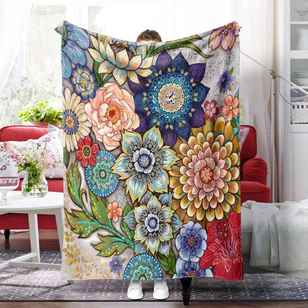 Neasow Floral Fleece Throw Blanket, Vibrant Color Boho Flowers Blossom Cozy Decor Throws for Sofa Bed Couch Chair or Dorm 50×60 inch
